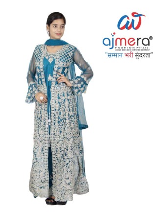 Nyra Cut Silk and Net Long Top with Jacket Skirt and Dupatta in Surat