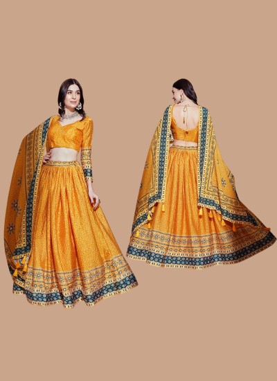 Stylish Mustard Banarasi Lehenga Digital Print and Crochet Embroidery in Surat