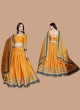 Stylish Mustard Banarasi Lehenga Digital Print and Crochet Embroidery  in Surat